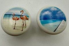 Vintage Coastal Ceramic Flamingo Beach Drawer Cabinet Knobs Pulls Set Of 2 NOS