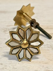 2Vintage Solid Brass Floral Mother Of Pearl Drawer Pull Gold Flower Metal Handle
