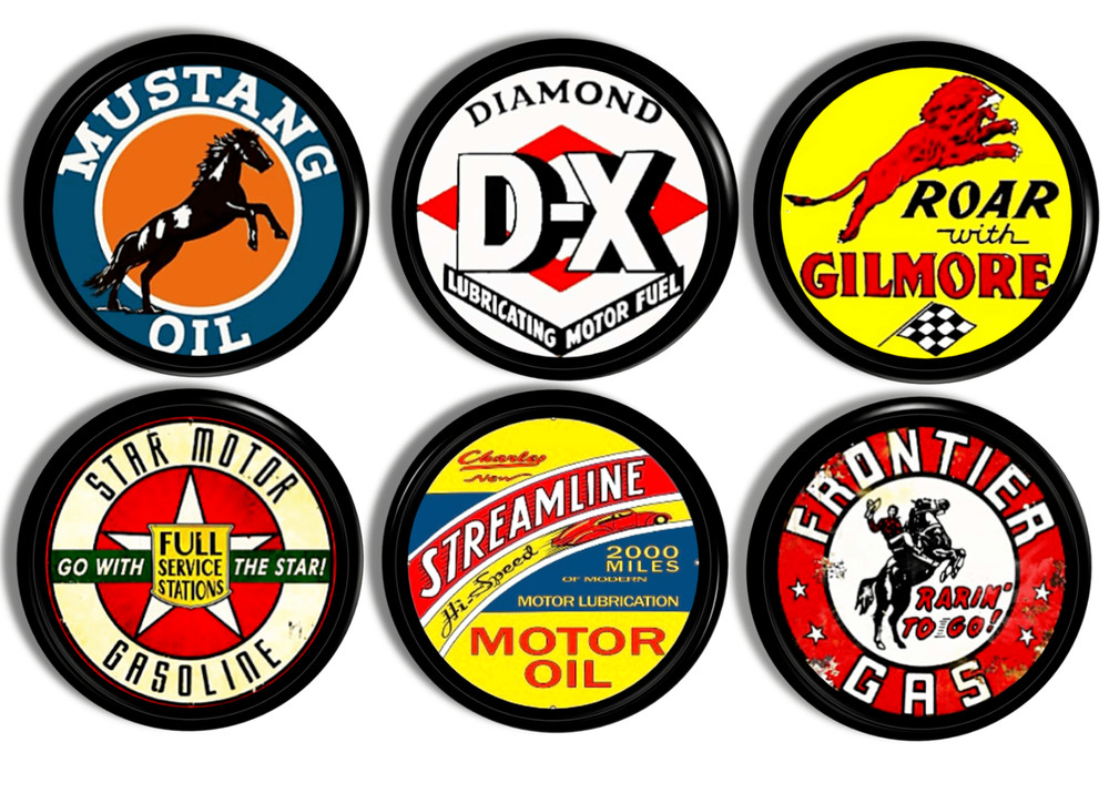 Vintage Gasoline Cabinet Knobs – Retro Oil Brand Drawer Pulls, 6pc Set