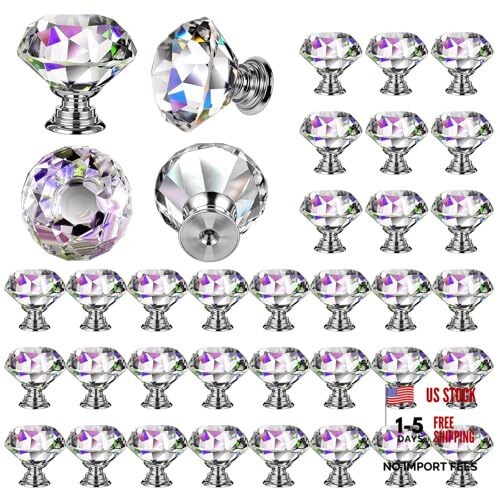 Diamond Clear Crystal Knobs, 32 Pcs 30mm Drawer Knobs for Cabinets & Dressers,