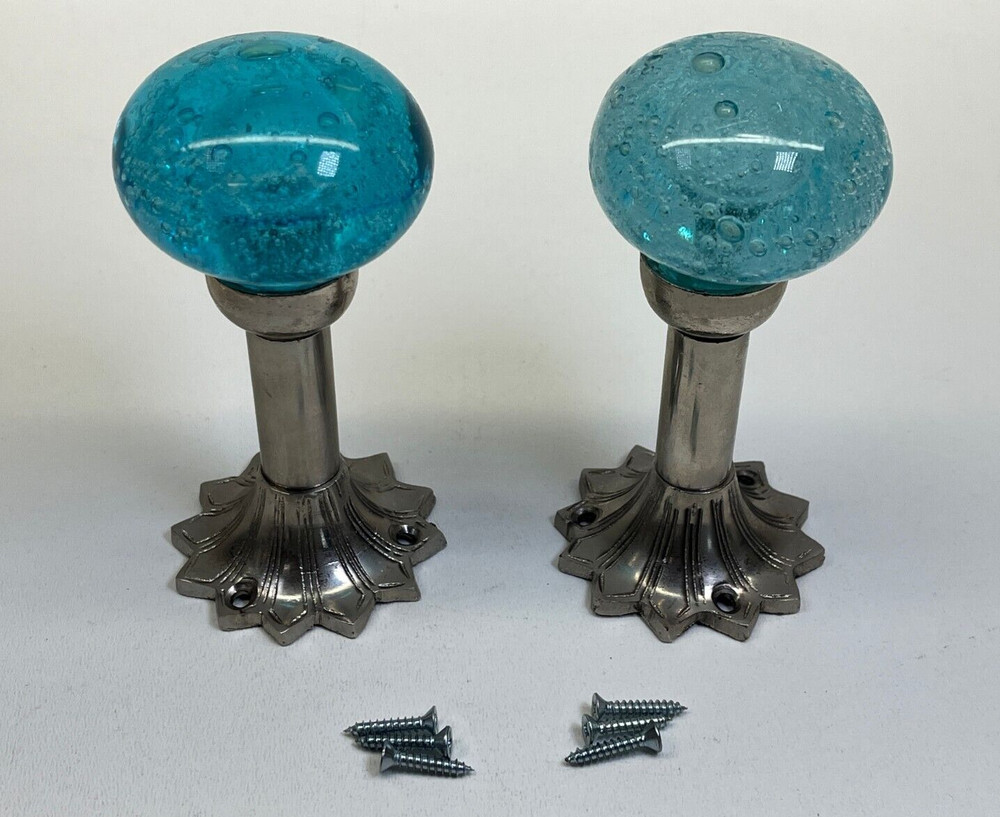Blown Glass Vintage Handle Pair India Door Pull Steel Direct Mount Blue Oddity