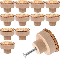 12 Pcs Brown Boho Rattan Dresser Knobs and Pulls, Decorative Wooden Drawer Handl