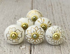 Gold and White Ceramic Door, Cabinet, Cupboard, Kitchen Knobs and Pulls,set of 6