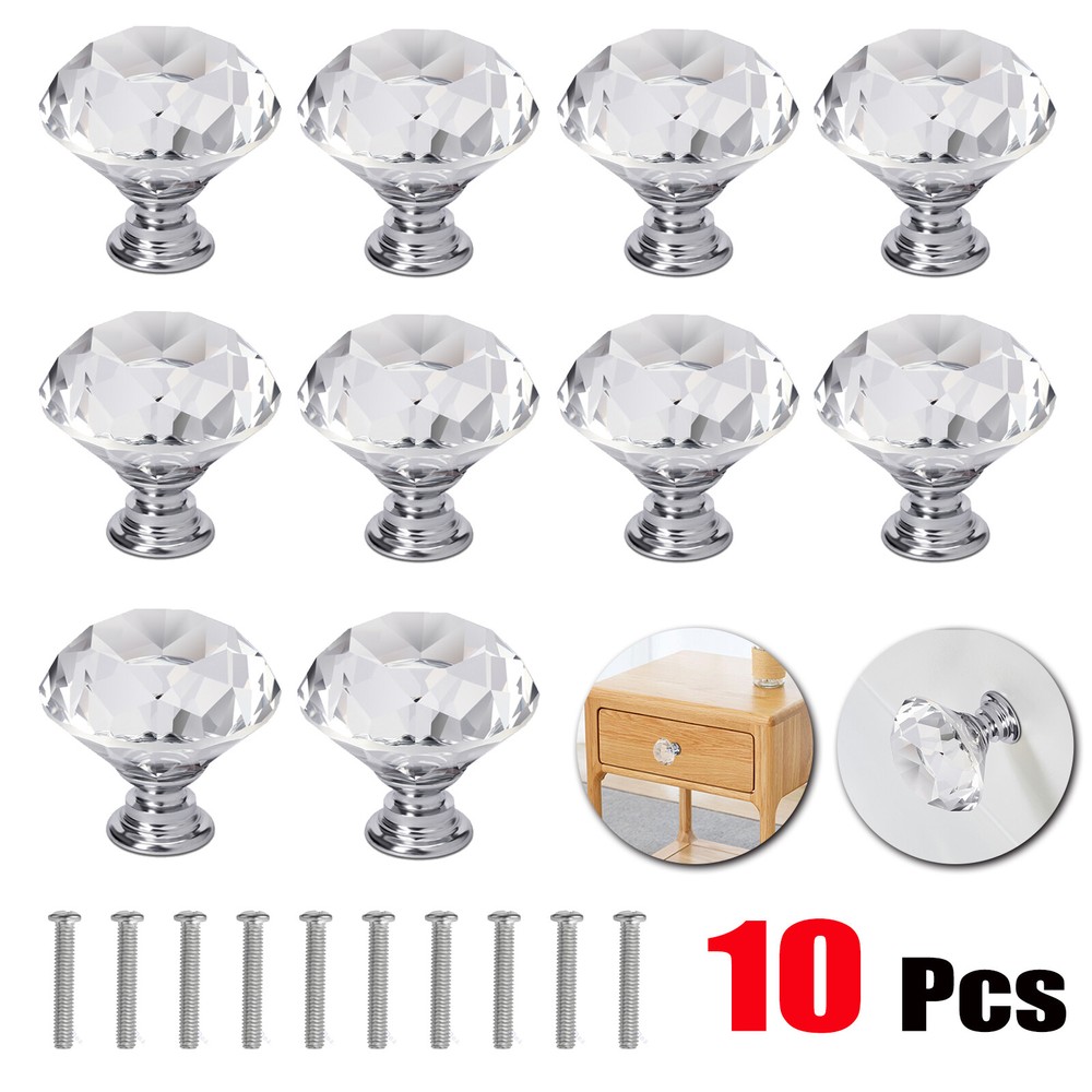 10/20/30 x Crystal Glass Cabinet Dresser Diamond Drawer Door Knobs Pull Handles