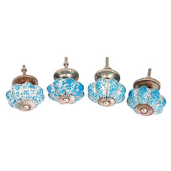 Set of 4 Vtg Blue Enamel Drawer Pull Cabinet Knob Handle Ceramic Speckled
