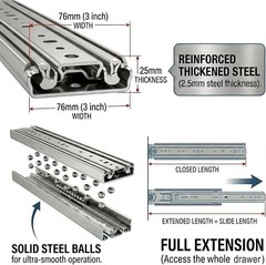 76MM Heavy Duty Drawer Slides, 500LB Capacity Full Extension (44 INCHES)
