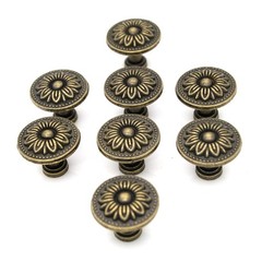 8 Vintage Antique Brass Knobs Handles Pulls – Flower Pattern for Cabinets Drawer