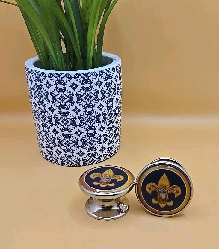 2 Vintage Boy Scouts Solid Chrome Plated Brass Round Cabinet or Drawer Knobs EUC