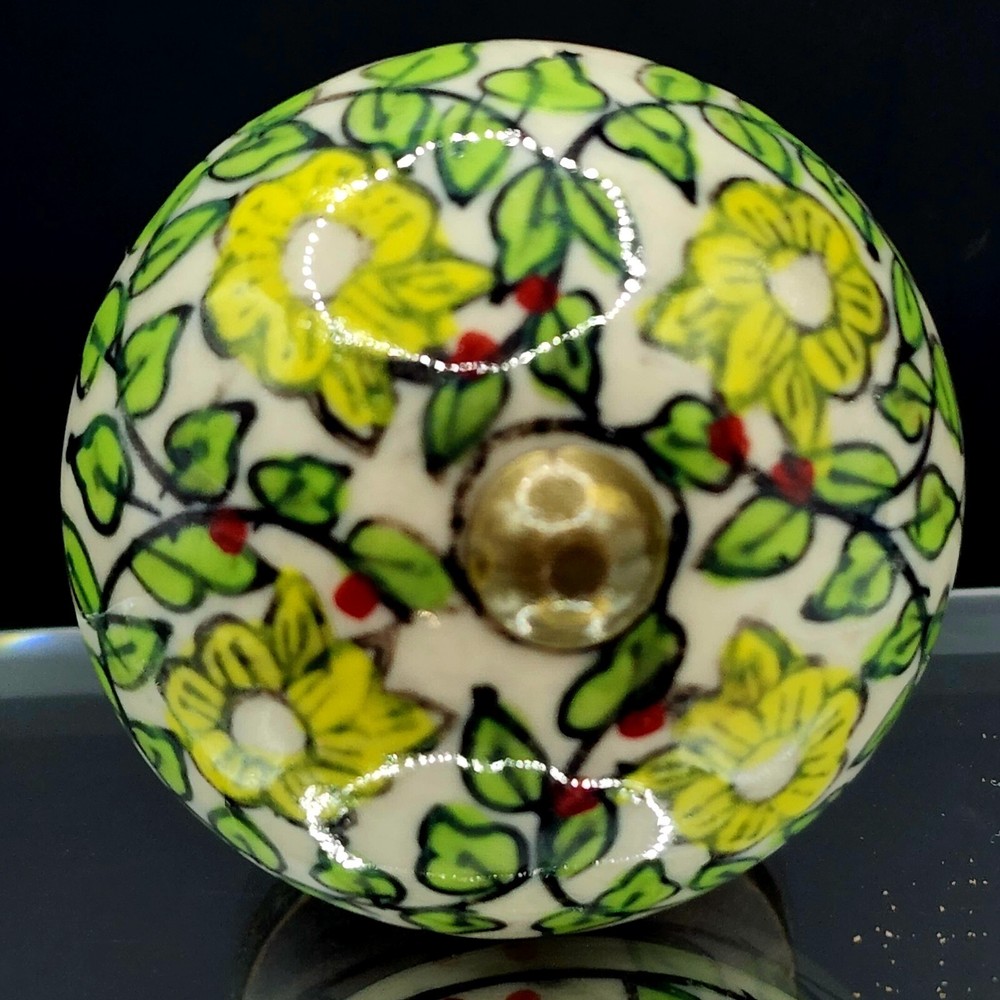 Boho Floral Green Yellow Ceramic Knob Handle Home Deco Door Drawers Botanicial