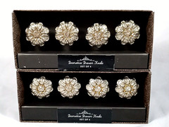 NEW Decorative Drawer Knobs, 8, Silver-toned Flower w/Rhinestones