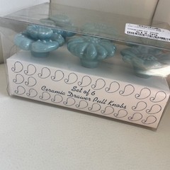 Hand Crafted Ceramic Drawer, Pull Knobs (6) Teal Colored Floral Knobs 🆕￼🥰
