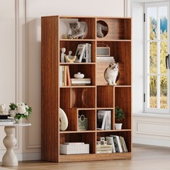 Modern 2 IN 1 Wood Bookshelf Cat House Cat Tree Display Case with Storage