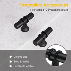 2 Pack Black Pulls, Single Hole Knobs for Cabinet Doors | T-Shape, Easy Installi