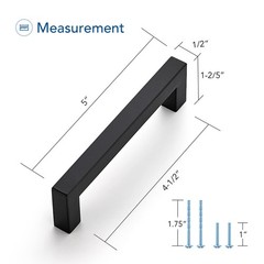 3 Pack 4-1/2 Inch Square Cabinet Pulls, Matte Black, Kitchen, Screwdriver