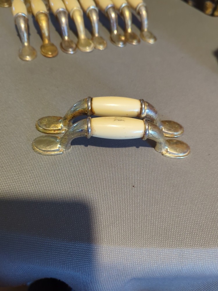 Two Vintage Brass And Cream Porcelain Drawer Pulls, 3-in Space Between Holes…