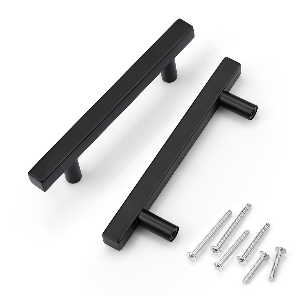 6 PCS Cabinet Pulls 3-3/4 Inch Spacing 6 Inch Overall Black Steel Square