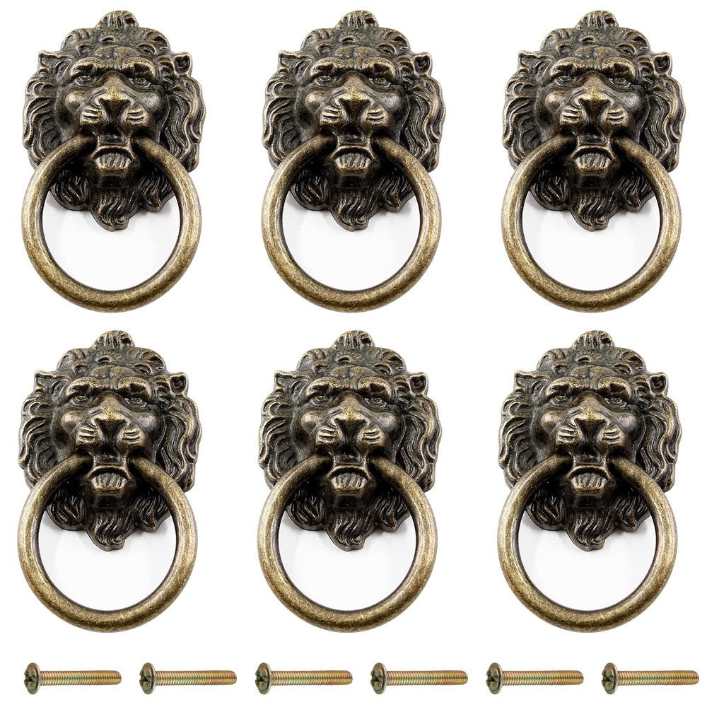 Zorfeter 6 Pcs Lion Head Knobs Pull, Antique Bronze Ring Pull Handles for Dre…