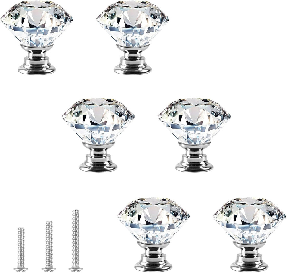 Crystal Glass Knobs for Cabinet 6 Pack, Crystal Drawer Knobs Diamond Shape Dress