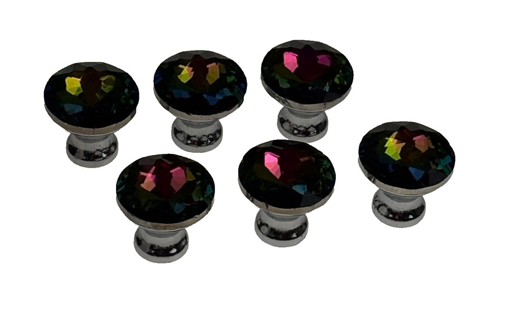 Set 6 Chrome Cabinet Knobs Iridescent K9 Crystal Glass Tops Screws Aluminum NEW