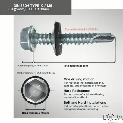 M6 Stainless Steel Self-Tapping Screws, 50pcs in a Pack, 6.3 x 25mm, Hexagonal D