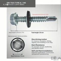 M6 Stainless Steel Self-Tapping Screws, 50pcs in a Pack, 6.3 x 25mm, Hexagonal D