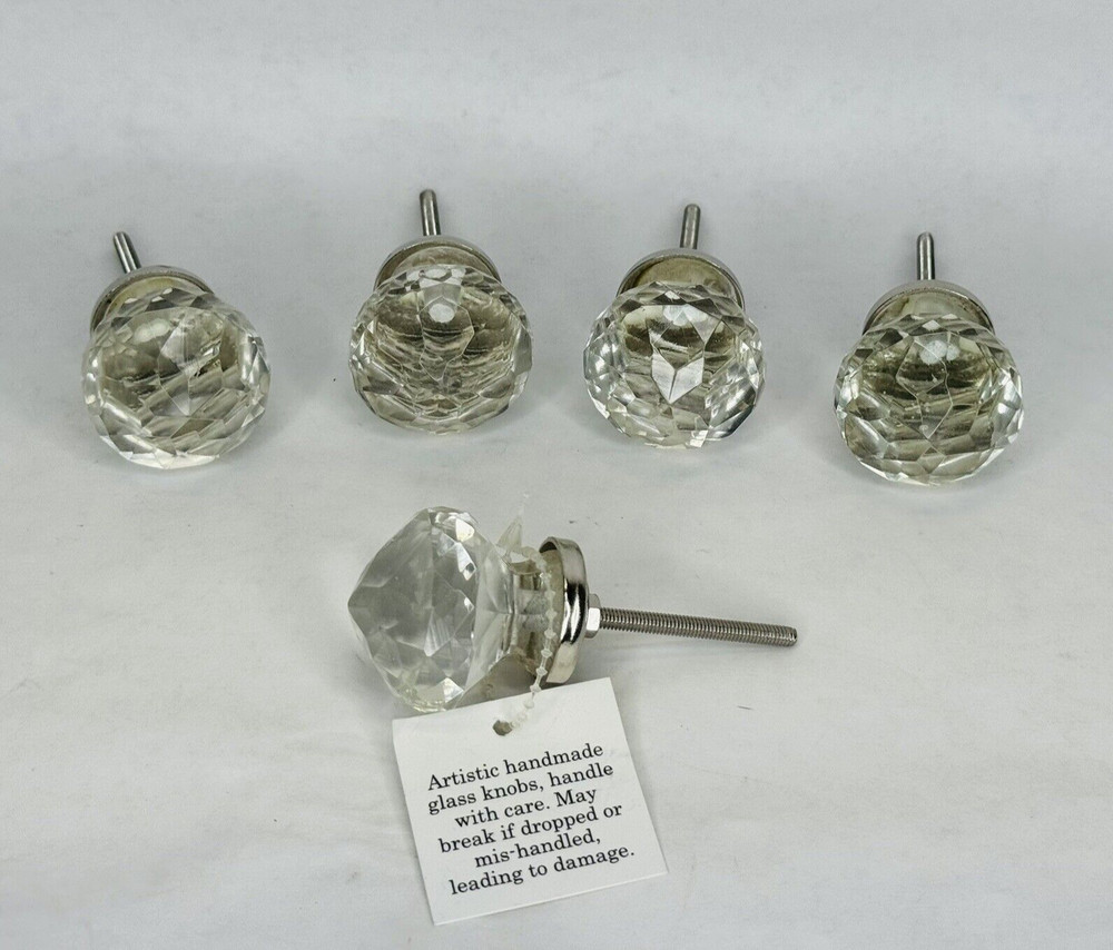 Glass Lot of 5 Drawer Cabinet Door Knobs Pulls Artistic Handmade Silver Base NEW