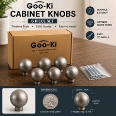 Goo-Ki 6 Pack Antique Silver Cabinet Knobs 1″ Round Drawer Pulls Solid Zinc