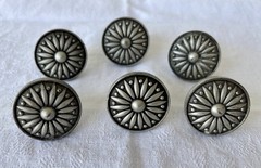 Set of 6 Vintage Brushed Pewter Cabinet Knobs Round Drawer Pulls Daisy Pattern