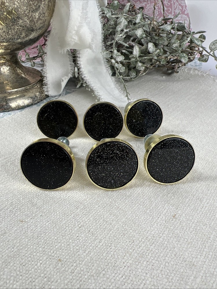 Set of 6 Black Glitter & Gold Cabinet Knobs Drawer Pulls Hardware Home Decor