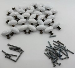 Lot of 32 Vintage White Porcelain Oval Cabinet Knobs Brass Stem Drawer Pulls 1.5