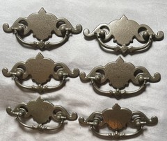 6 Antique (1910) Silver Metal Drawer Pulls, 4-3/4” diameter & 2-1/2” C/C