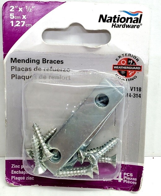 2″ x 1/2″ Mending Brace 4Pk Steel Zinc Plated Int / Exterior NEW V118 N114-314