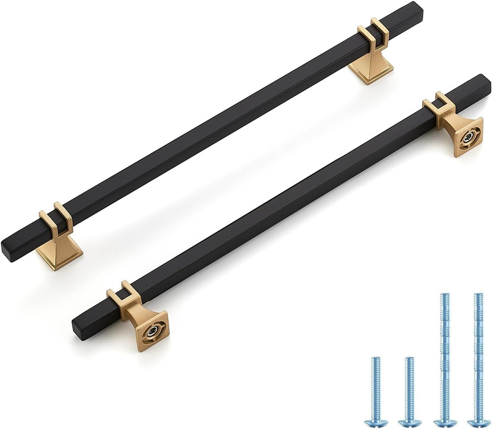 25 Pack 8-3/4 Inch Black & Gold Cabinet Handles Square Zinc-Alloy Pulls for Kitc
