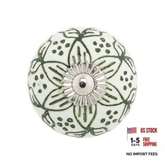 Ceramic Knobs Set of 12 – “Chambal Gardens” Furniture Knobs w/ Olive / White
