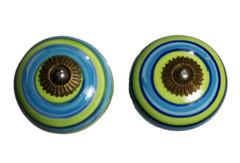 MCM Ceramic Pull Knobs Drawers or Cabinet Large Green & Blue Brass Look