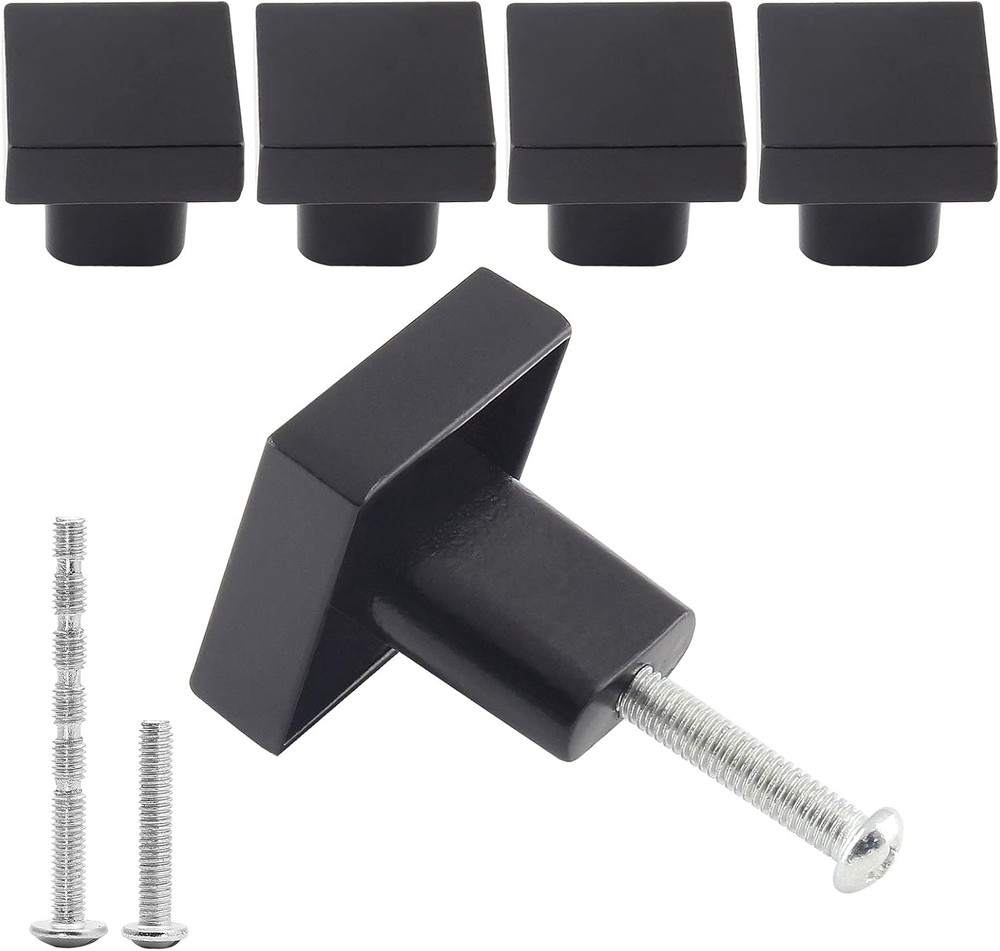 1 Inch Cabinet Knobs, Flat Black, Square, 5 Pack | Mounting Screws Included, Dra