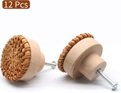 12 Pcs Brown Boho Rattan Dresser Knobs and Pulls, Decorative Wooden Drawer Handl