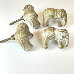 Vtg Set of 4 Stone White Wash Elephant Knobs Drawer Pulls Shabby Chic Decor