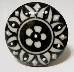 6 Ceramic Black and White Floral Design Drawer Knobs w/ Silver Back Plate 1 3/4″