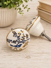2 Hand painted Ceramic Blue Bird On Branch Drawer Cabinet Knobs Gold Accent 1.7”