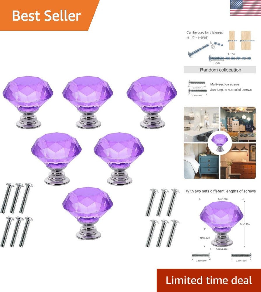 Durable 6 Pack Crystal Glass Diamond Knobs 30mm for Cabinets and Dressers