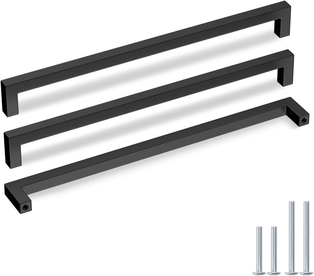 15 Pcs Modern Black Square Cabinet Pulls – Stainless Steel, 12-3/5In Center