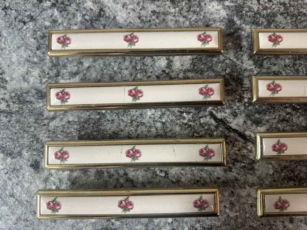 8 Floral Pink Rose Ceramic Drawer Pulls Vintage Cabinet Door Handles Brass