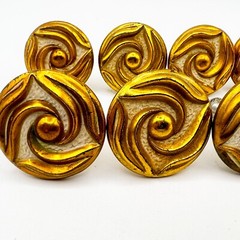 8-Vintage Brass and White Swirl Cabinet Drawer Pull Knob 1 7/16″ dia.