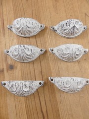 6 Cup Pulls Distressed White Drawer Cabinet Bin Handles Cast Iron Hardware Knob
