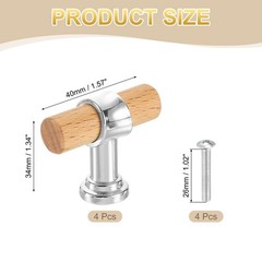 4Pcs 1.57″x0.63″ T-Bar Wooden Drawer Pulls with Silver Base, Beech