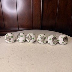 Ceramic Dresser Drawer Knob White And Green Polka Dot With Metal Collar Set Of 6