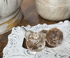 Set 2 Pink/Peach 19 Point Glass Door Cabinet Drawer Knob Pull Brass Shabby Chic