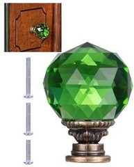 2 Vintage Emerald Green Glass Brushed-Brass Victorian Door Knob ~ Drawer Pulls