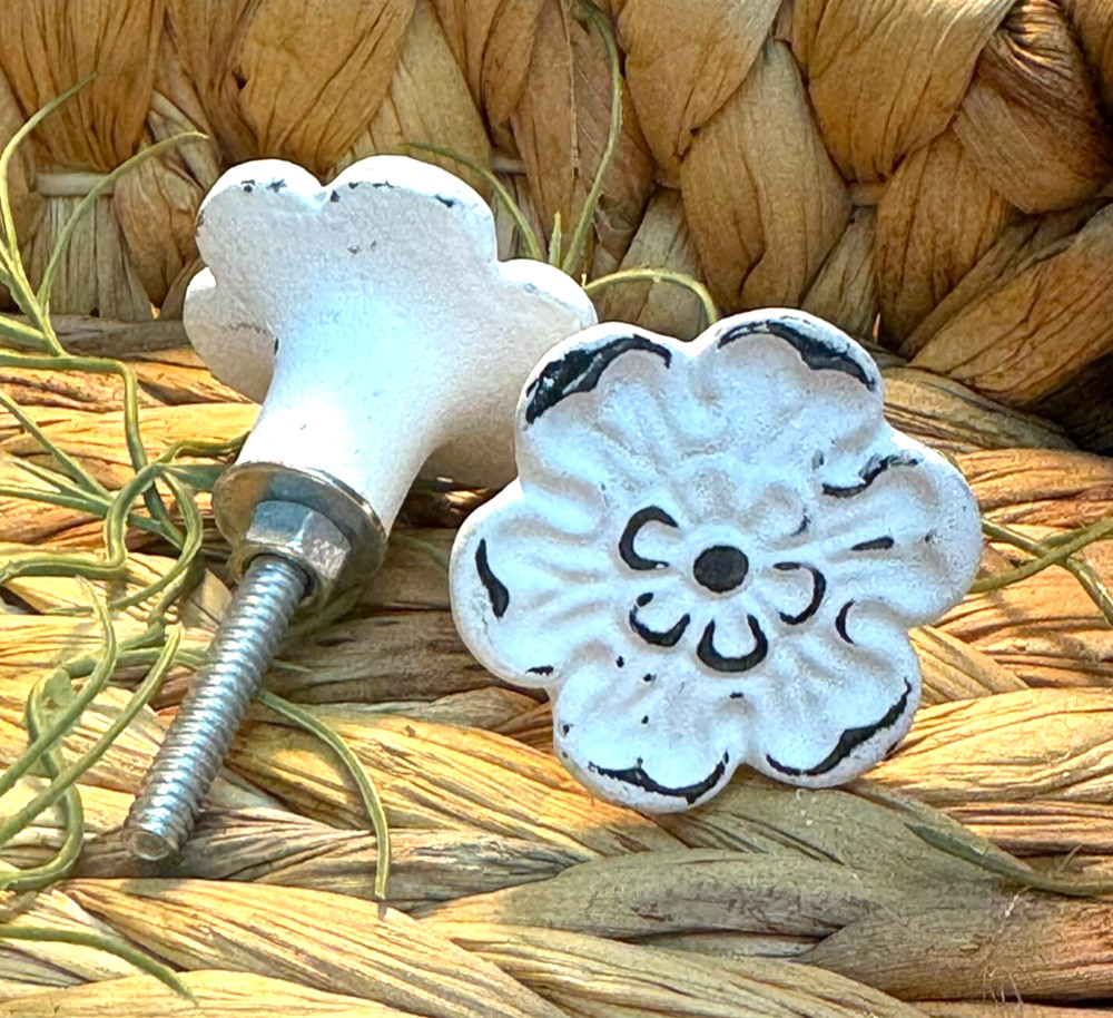 2 Shabby Chic Cottage VTG White Cast Iron Knobs Pull Cabinet Furniture Hardware